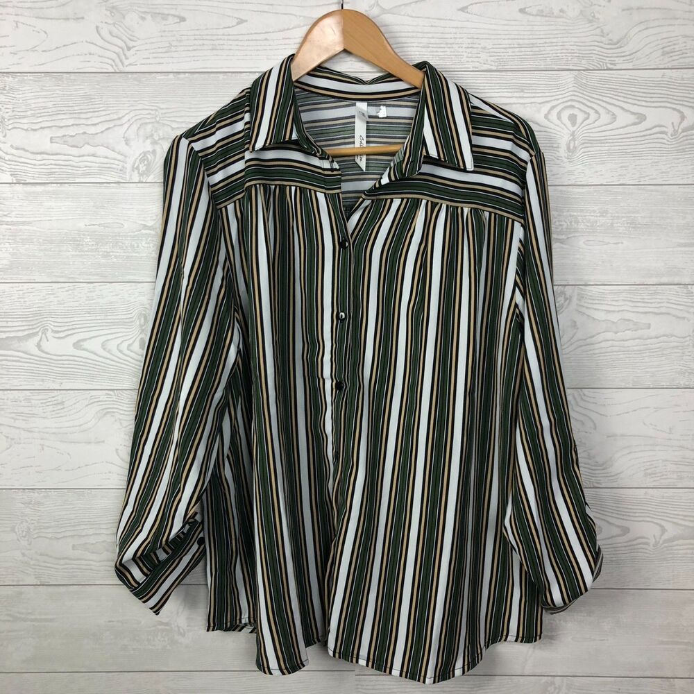 NY Collection Women's 1X Striped Button Front Shirt Roll Tab Sleeves Collared